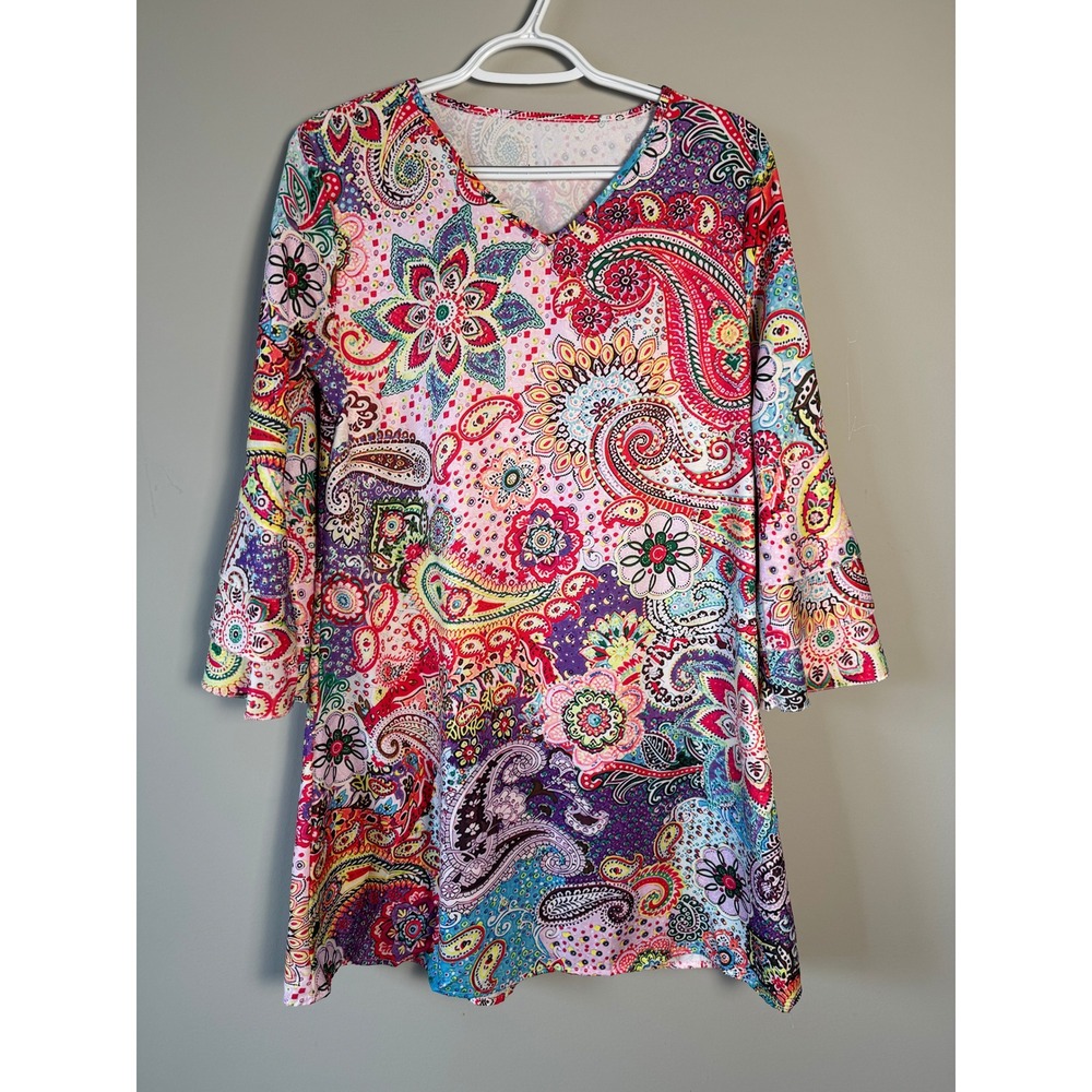 Colorful Paisley Print Bell Sleeve V-Neck Mini Dress S Boho‎ Hippie Psychedelic